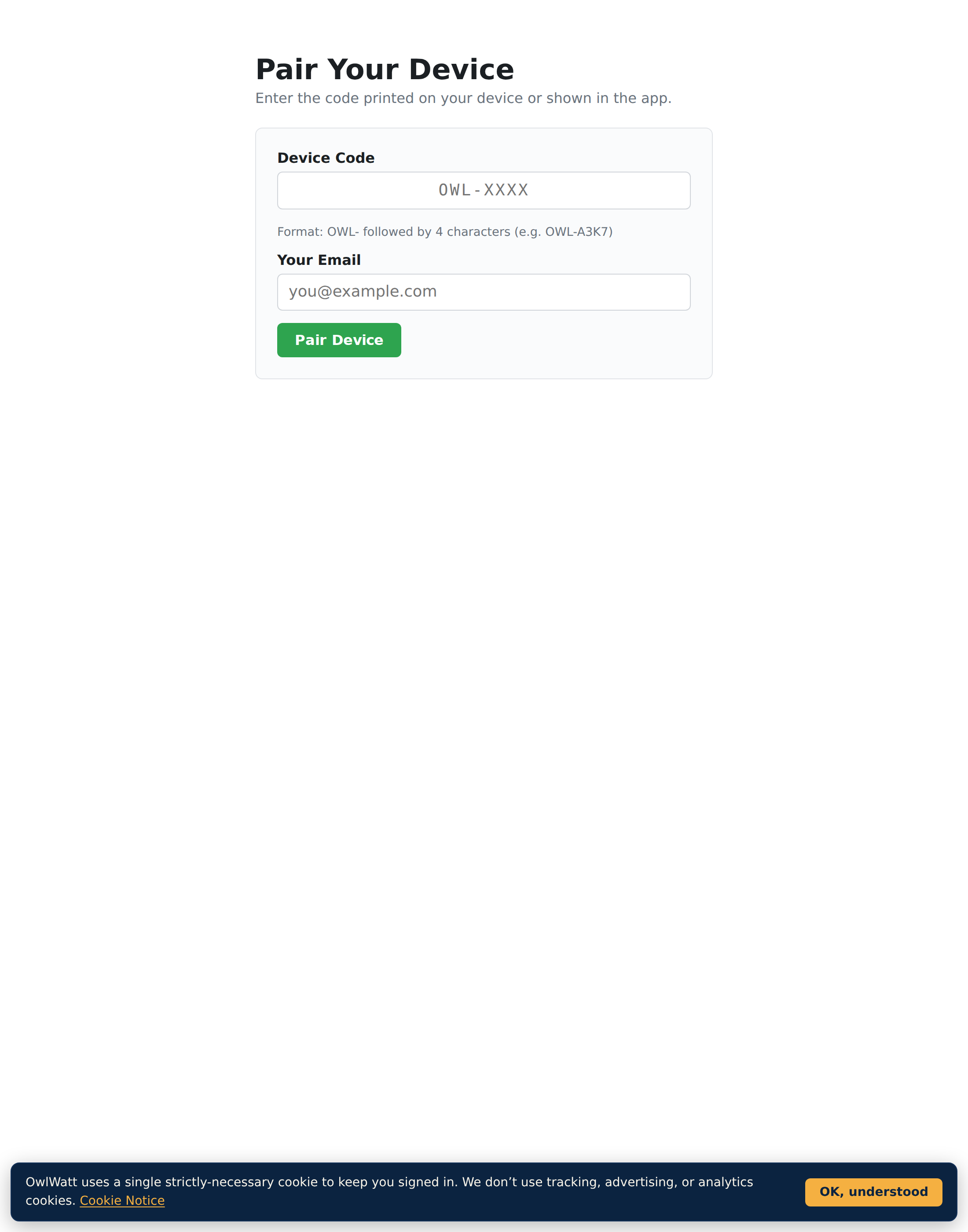 owlwatt.com/pair page with a pairing code field and account email field
