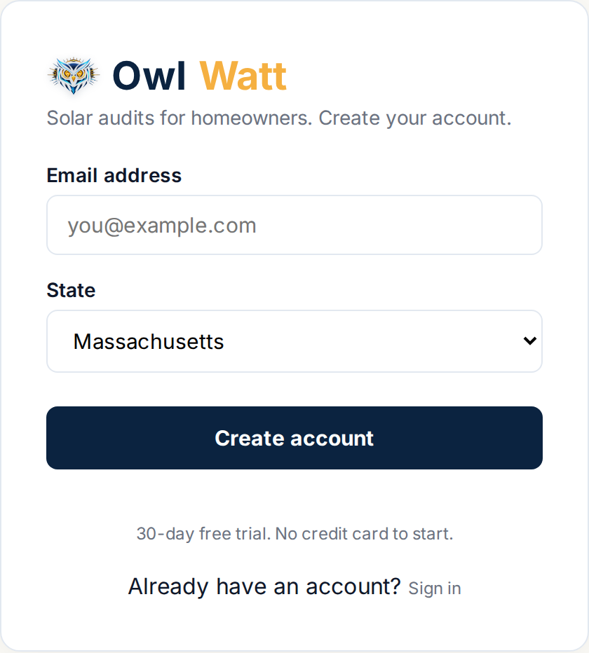 OwlWatt sign-in card with email and password fields