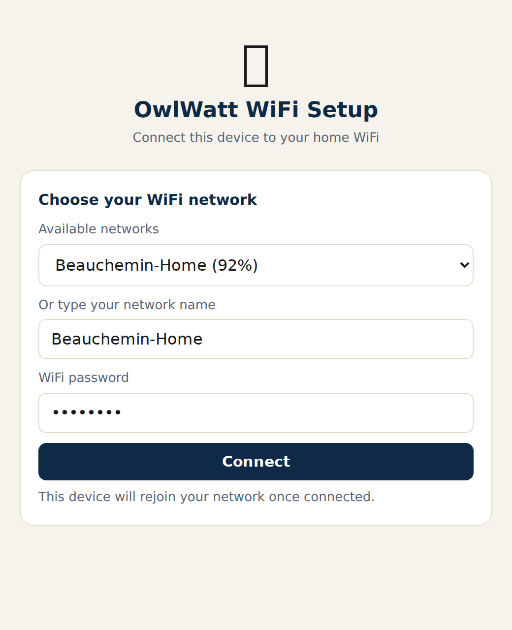 OwlWatt WiFi Setup captive portal page showing a network selector and password field