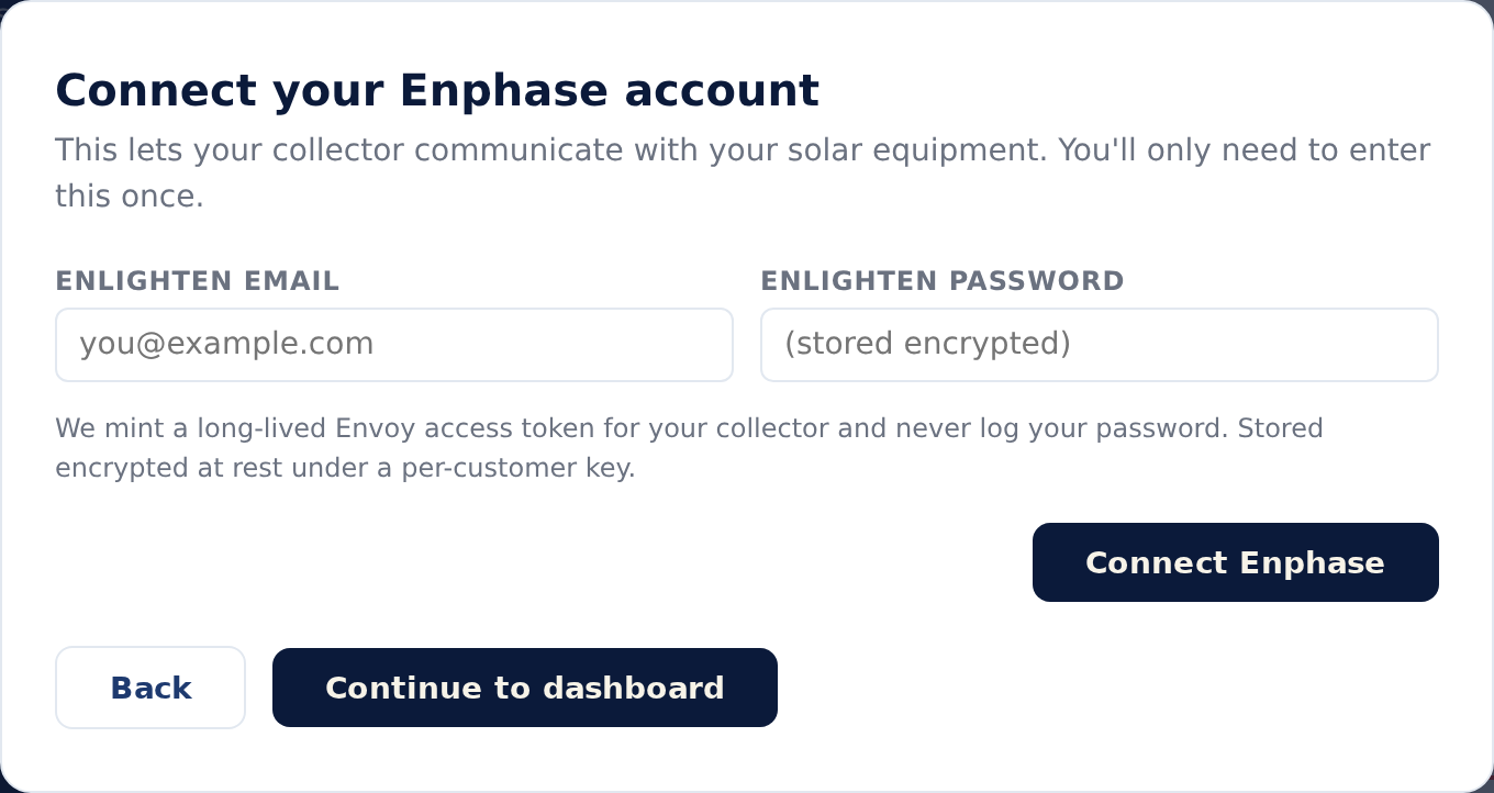 OwlWatt onboarding step showing Enlighten email and password fields
