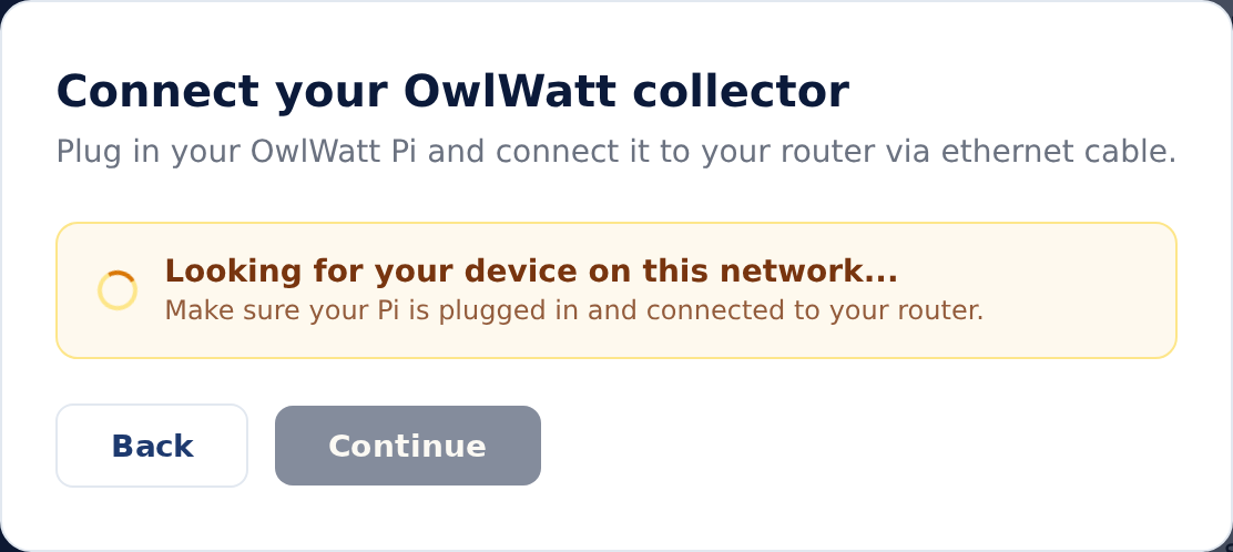 OwlWatt setup page showing a pairing code in an amber box